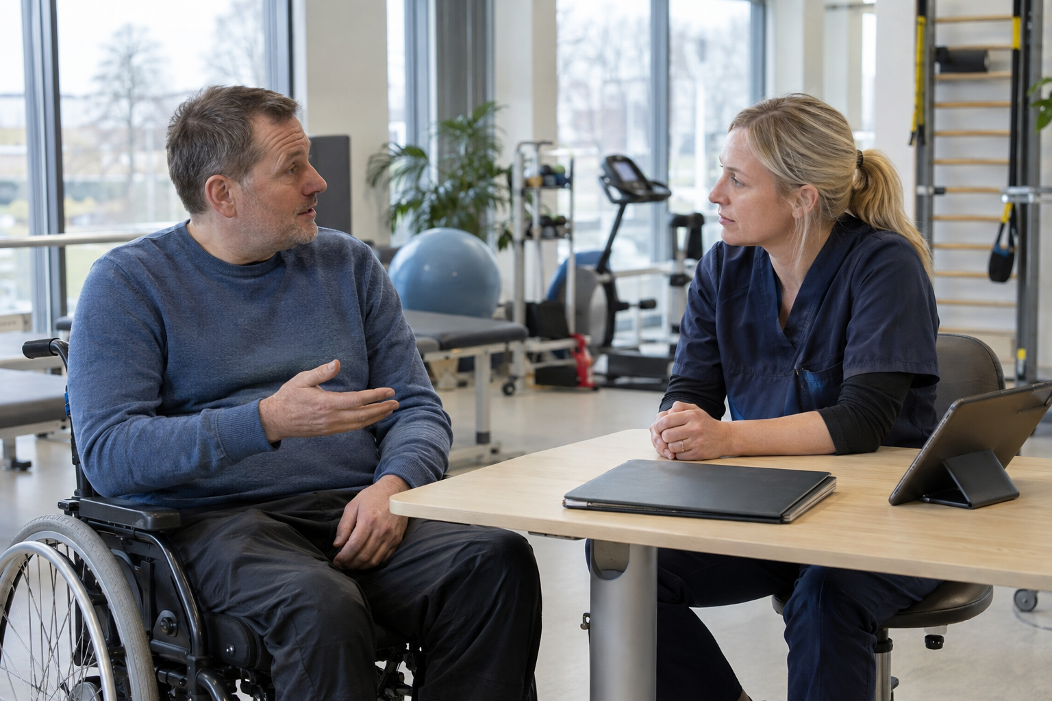 För Johan behöver bön och rehabilitering inte vara motsatser; en eventuell förbättring får bedömas av vården. Nyskapad fotorealistisk illustration från en tänkt svensk rehabiliteringsmottagning.