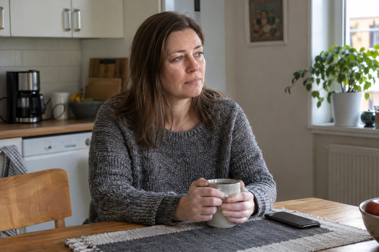 Nattens återseende följer den tänkta Anna till morgonkaffet. Nyskapad fotorealistisk illustration av saknad och stillhet efter en stark dröm.