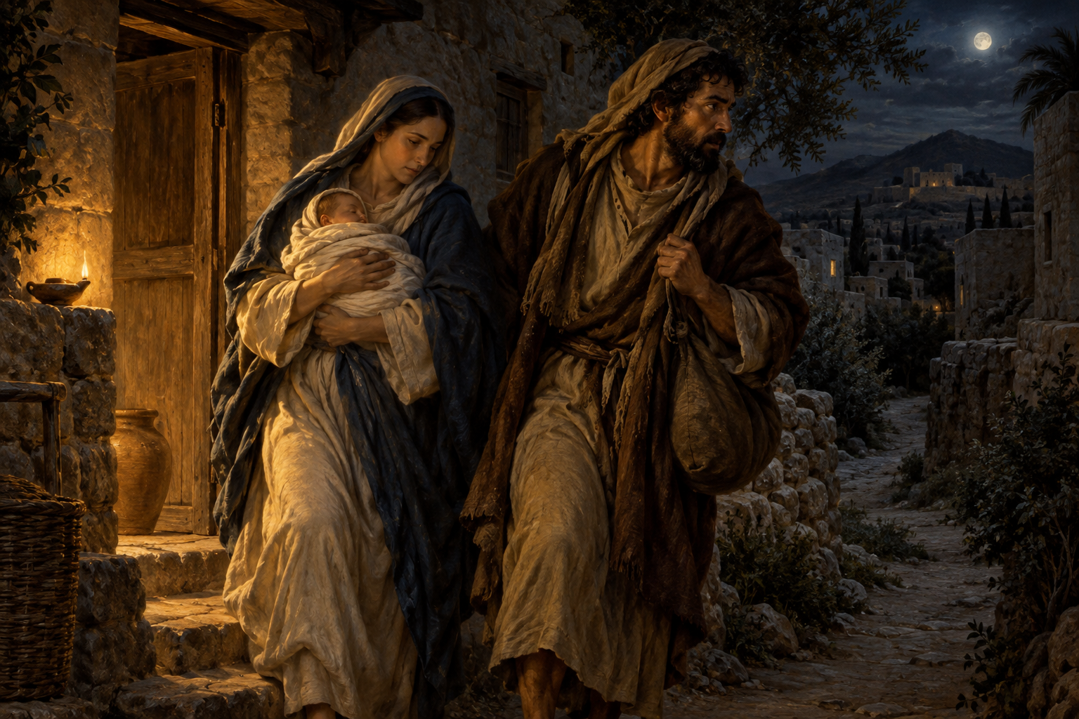 Efter varningen i drömmen ger sig Josef av med Maria och barnet under natten. Nyskapad målad illustration av familjens uppbrott mot Egypten.