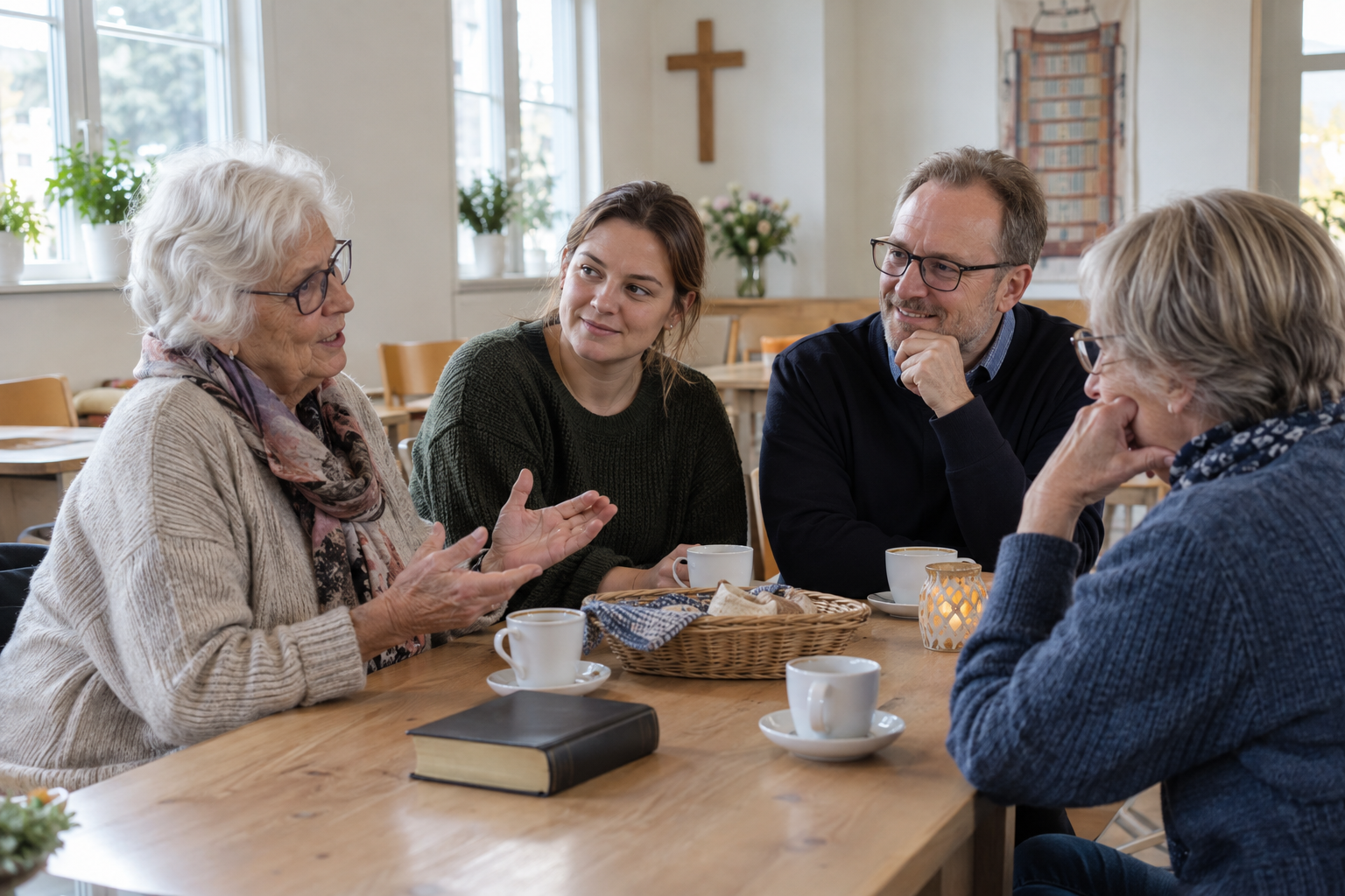 Gemenskapen ger utrymme att lyssna, be och dela livet över generationsgränserna. Nyskapad fotorealistisk illustration av en nutida svensk församlingsmiljö.