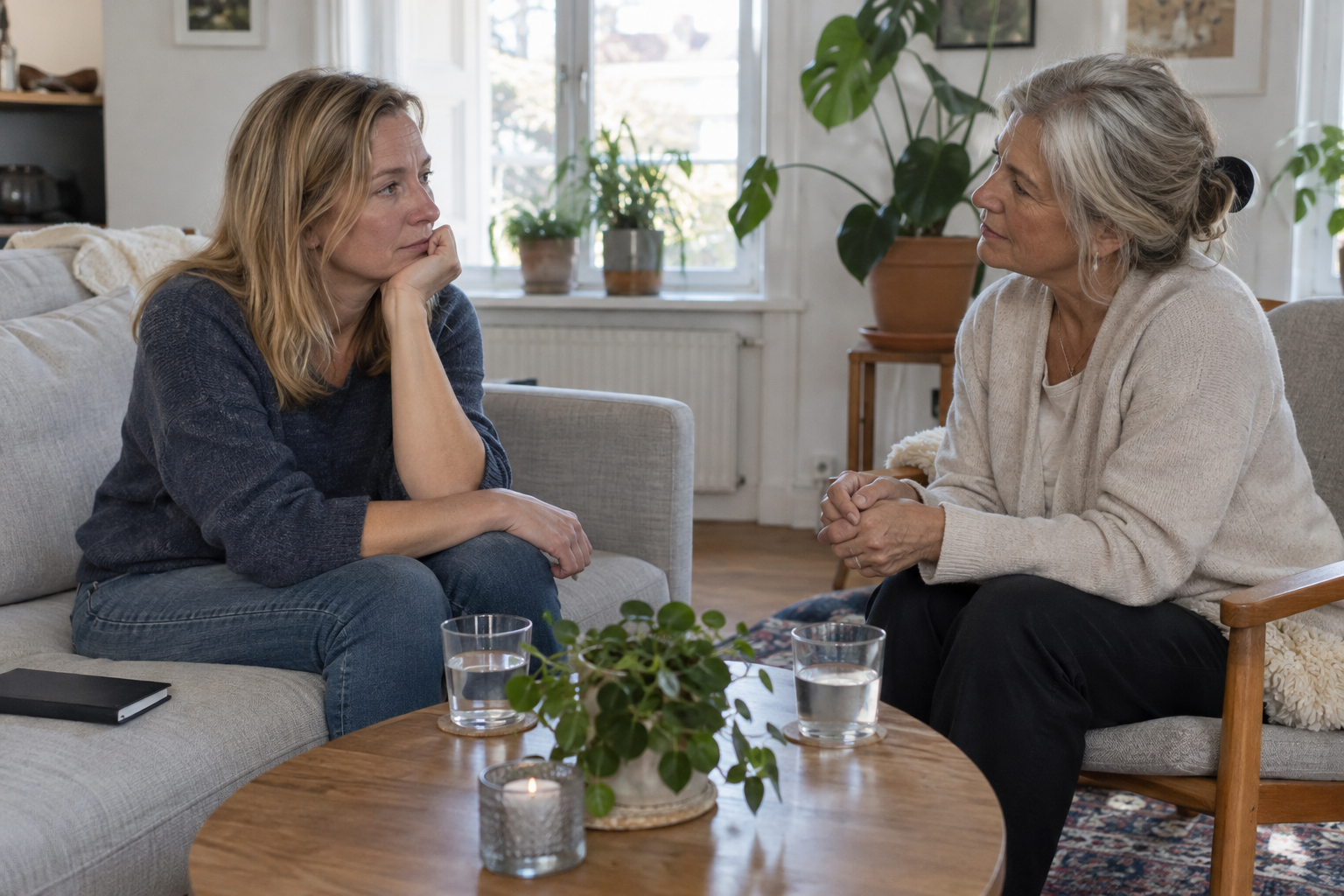 En trygg samtalspartner kan hjälpa till att skilja upplevelsen från tolkningen. Nyskapad fotorealistisk illustration av att pröva varsamt och söka stöd.
