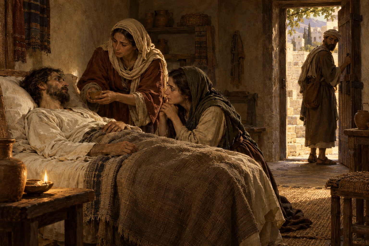 Nymålad illustration av Lasaros sjukbädd i Betania. Systrarnas bud till Jesus bärs av förtroendet för hans kärlek till deras bror.