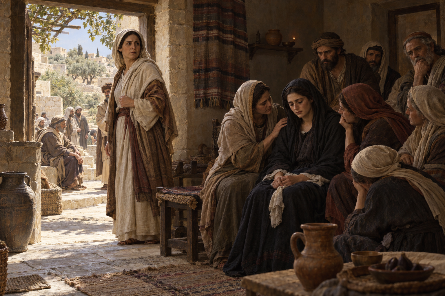 Nymålad illustration av sorgehuset i Betania, där människor samlas för att trösta systrarna. Maria stannar hemma när Marta går Jesus till mötes.