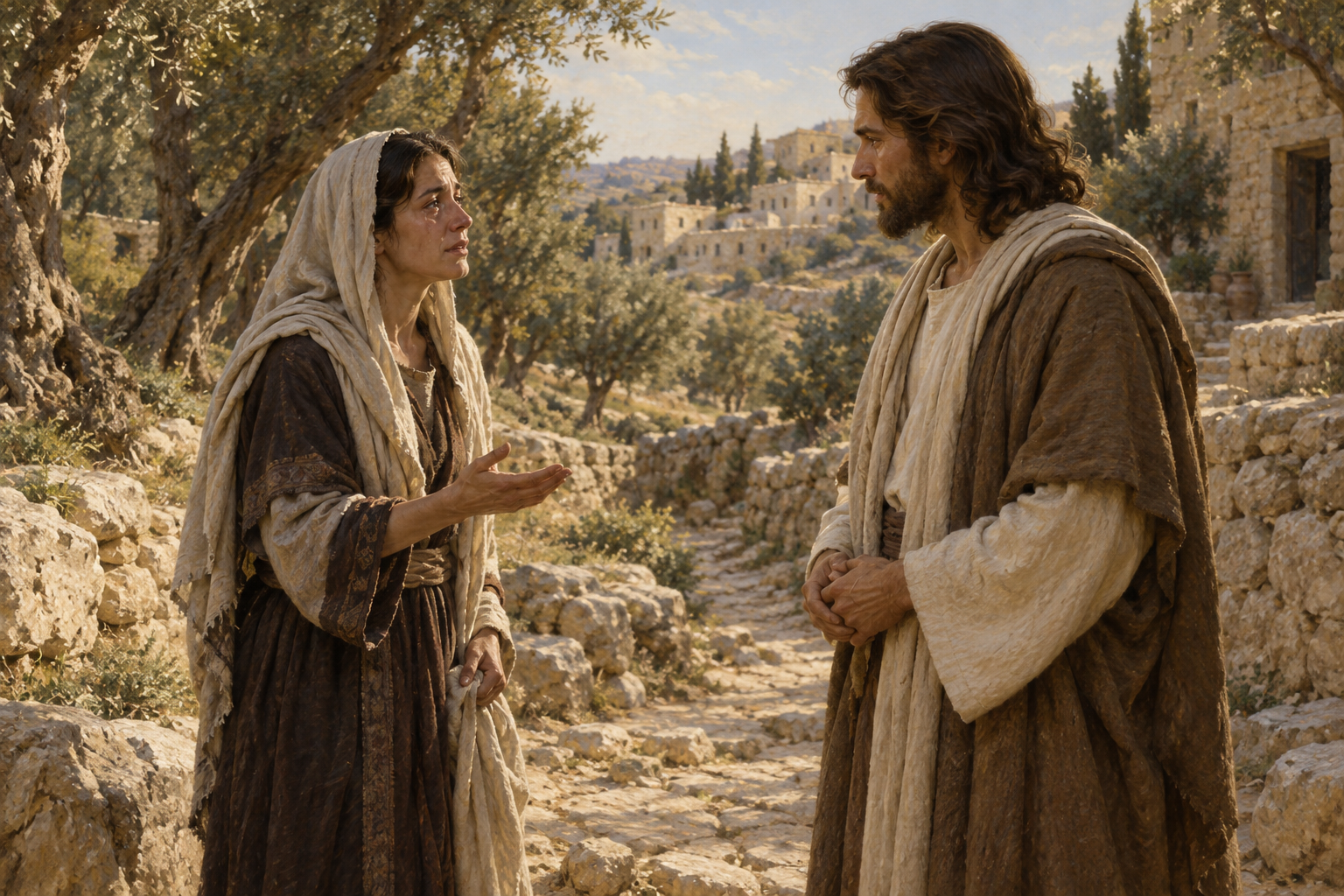 Nymålad illustration av Martas möte med Jesus utanför byn. Hon bekänner sin tro medan Lasaros ännu ligger i graven.