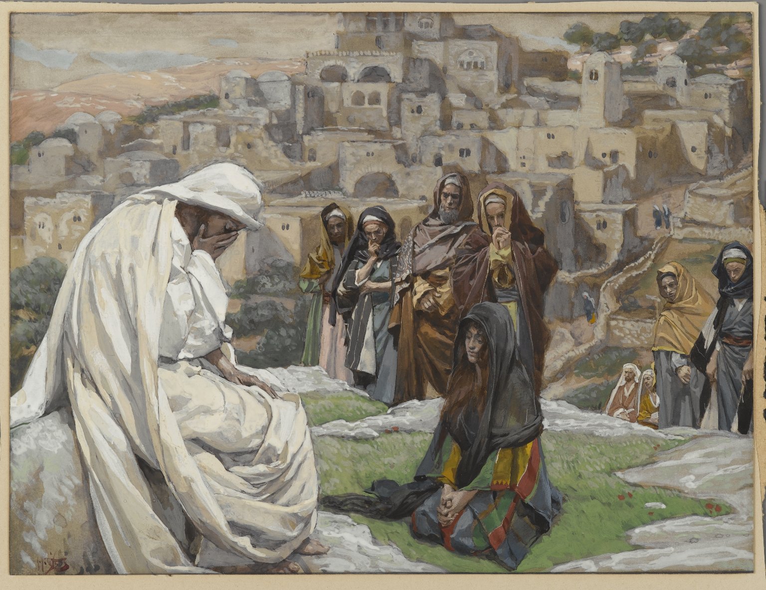 James Tissots ”Jesus Wept”, omkring 1886–1894, skildrar Jesu sorg i berättelsen om Lasaros. Akvarellen låter hans tårar stå i centrum.