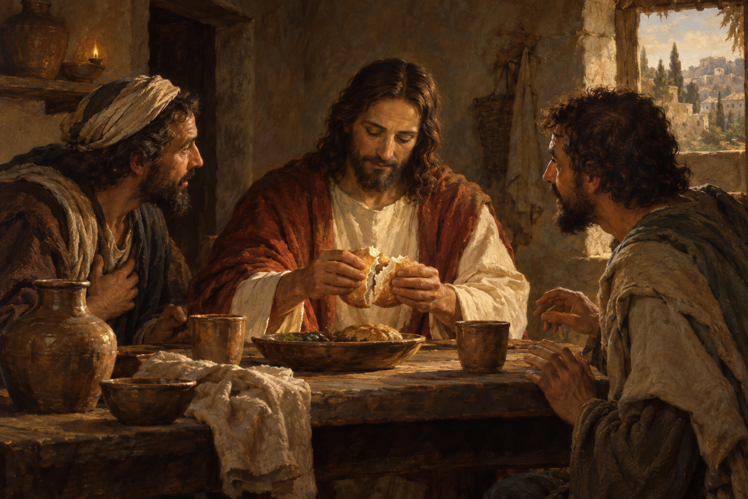 Vid brödsbrytelsen känner lärjungarna igen den uppståndne Jesus (Luk 24:30–31). Nyskapad målad illustration.