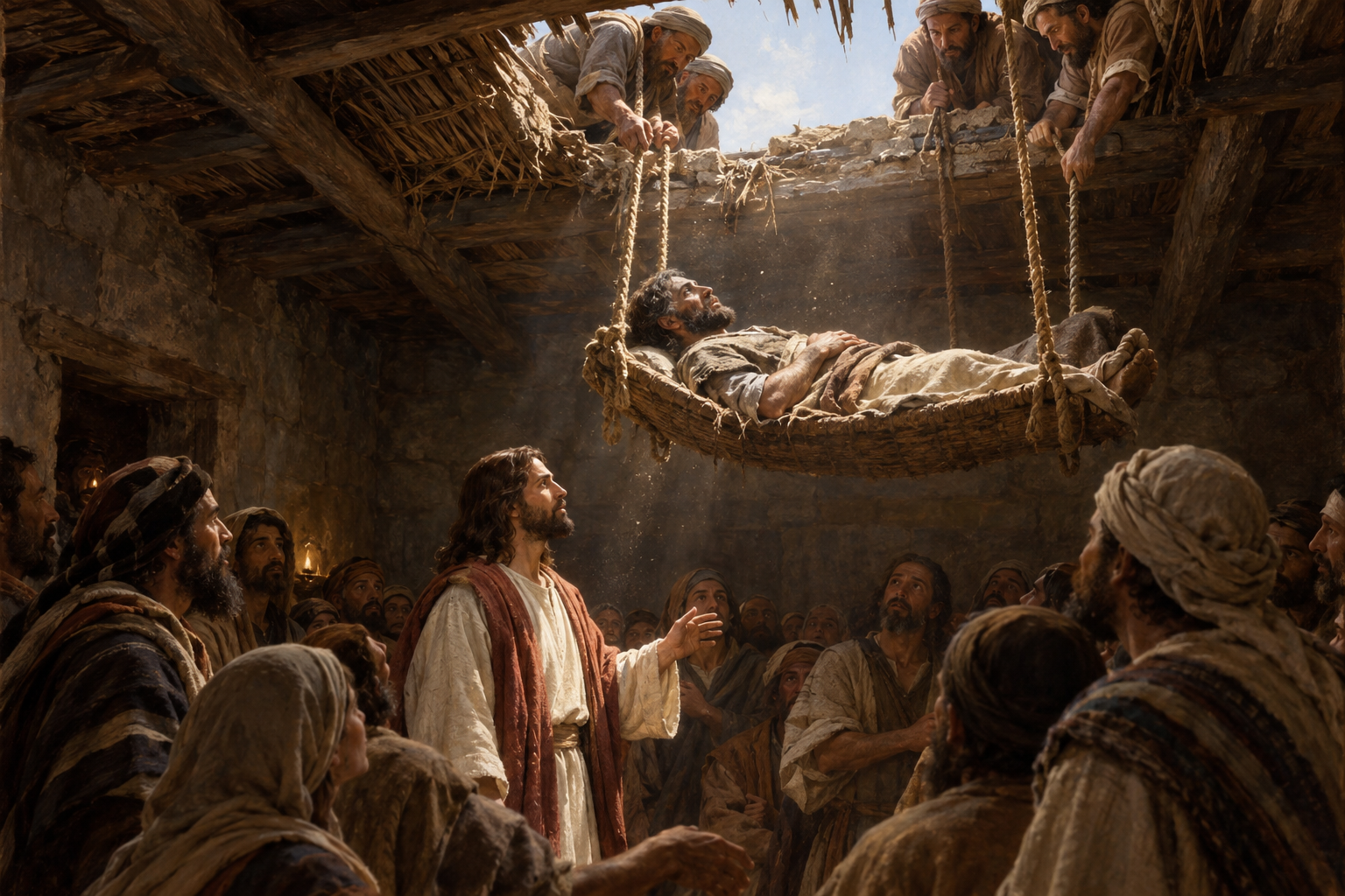 Nymålad illustration av de fyra bärarna som sänker ner mannen inför Jesus. Deras omsorg tar form i händer, rep och gemensam ansträngning.