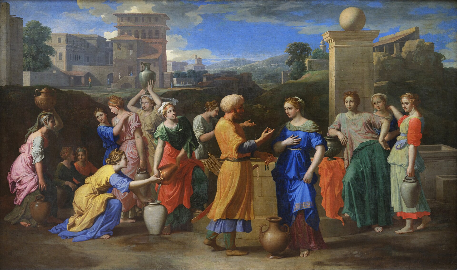 I Nicolas Poussins ”Eliezer and Rebecca” från 1648 möter Abrahams tjänare Rebecka vid brunnen. Tjänaren kallas traditionellt Elieser, men namnges inte i Första Moseboken 24.