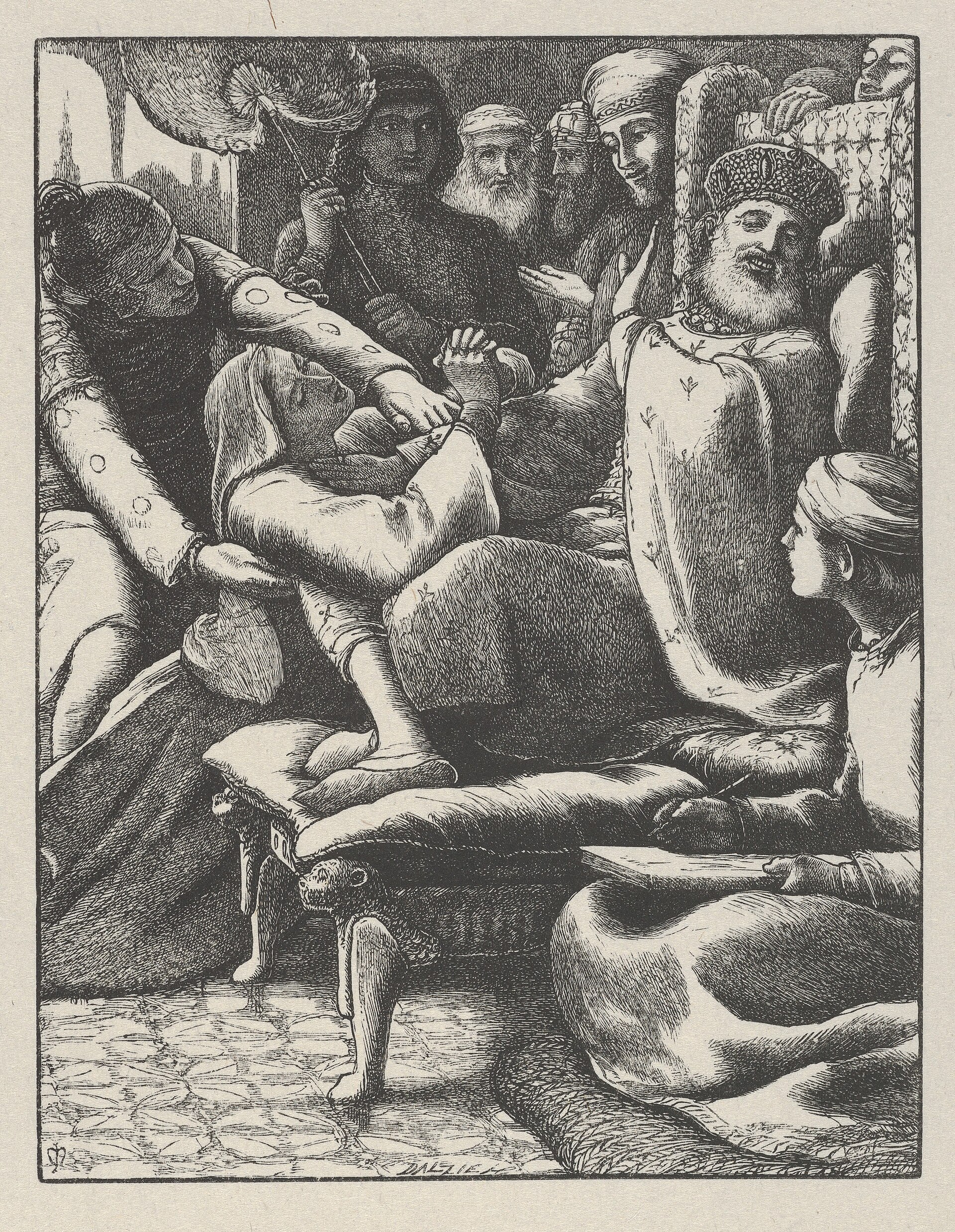 John Everett Millais skildrar änkans envisa vädjan i ”The Unjust Judge”, en illustration ur hans liknelsesvit, utgiven som trägravyr 1864.