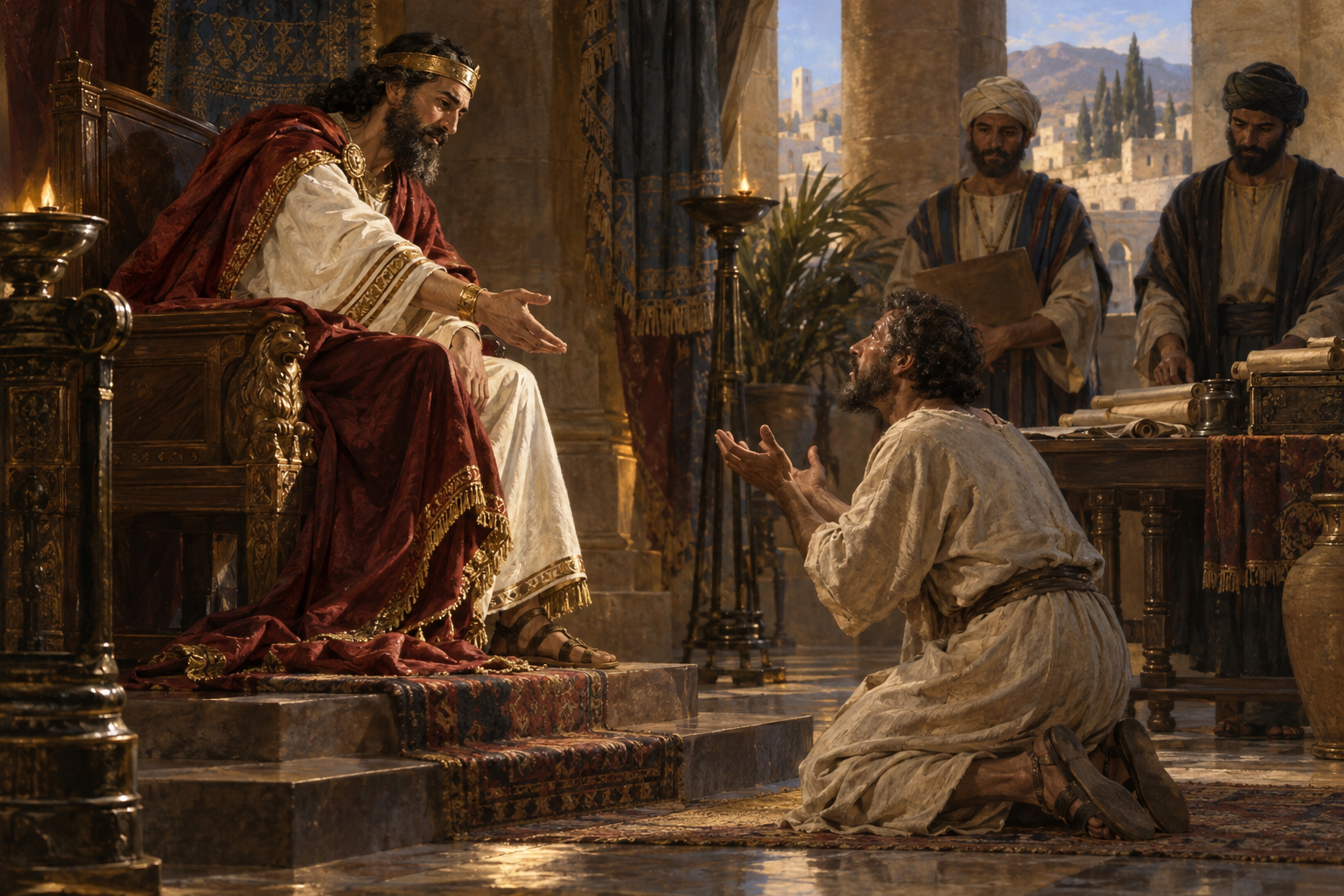 Nymålad illustration av tjänaren som ber kungen om tålamod. I Jesu liknelse får han mer än uppskov: skulden efterskänks.