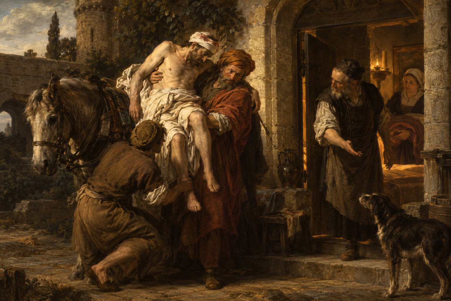 Hjälpen stannar inte vid vägkanten. I Rembrandt van Rijns etsning ”The Good Samaritan” från 1633 får den skadade mannen hjälp vid värdshuset.