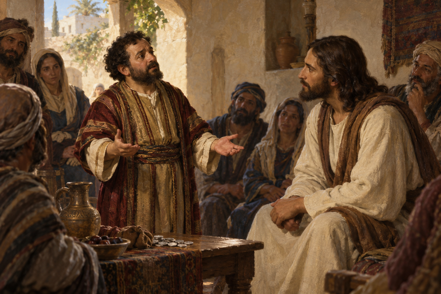 Sackeus säger att han ska dela med sig och ersätta dem han har bedragit – förändringen får en konkret riktning. Nyskapad målad illustration av mötet med Jesus i Lukasevangeliet 19.